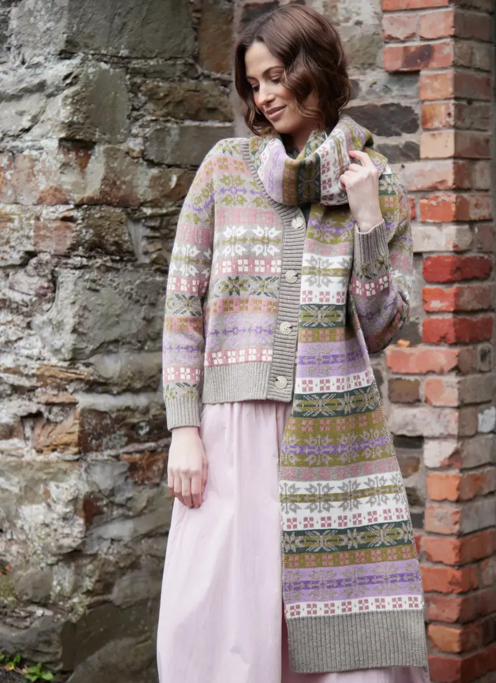 Fairisle Jacquard Wool Reversible Scarf in Oatmeal Mix